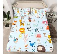 Homemissing ABC Pattern Fitted Sheet Single Kids Cute Alphabet Learning Bedding for Boys Girls 26 Letters Cartoon Animal English Alphabet Educational Bed Sheets Set 16" Deep Pocket Room Decor 2Pcs