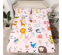 Homemissing ABC Pattern Fitted Sheet Single Kids Cute Alphabet Learning Educational Bedding for Boys Girls 26 Letters English Alphabet Cartoon Animal Bed Sheets Set 16" Deep Pocket Room Decor 2Pcs