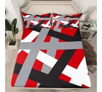 Homemissing Abstract Art Fitted Sheet Single Size for Kids Boys Girls Red Black Stripes Design Bed Sheets Set 16" Deep Pocket Soft Breathable Geometric Geometry Bedding with 1 Pillowcase Modern Decor