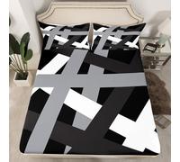 Homemissing Abstract Art Fitted Sheet with 2 Pillowcases King Size Gray Black Stripes Design Bed Sheets Set 16" Deep Pocket Boys Girls Geometric Geometry Bedding Modern Teens Bedroom Decor Soft
