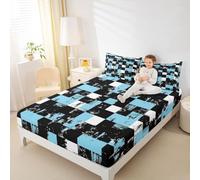 Homemissing Abstract Fitted Sheet Double Size for Kids Adults Light Blue Black White 16" Deep Pocket Fitted Sheet Microfiber Buffalo Check Plaid Bedding with 2 Pillowcases Geometric Grid Room Decor