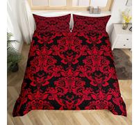 Homemissing Adults Red Vintage Damask Floral Duvet Cover Set Oriental Antique Comforter Gothic Bohemia Boho Flower Bedding Set Single Size Gothic Skull Comforter Cover 2Pcs
