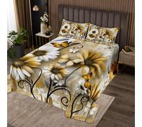 Homemissing Adults Rustic Farmhouse Bedspread Kids King Size Yellow Daisy Florals Flowers Butterfly Coverlet Set for Boys Girls Modern Abstract Art Quilted Coverlet Room Decor