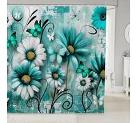 Homemissing Adults Rustic Farmhouse Shower Curtain for Bathroom Decor Kids 180x180cm Teal Daisy Florals Flowers Butterfly Bath Curtain for Boys Girls Teens Modern Abstract Art Bathroom Accessories