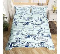 Homemissing Airplane Bedding Set Kids Flight Comforter Cover Set for Toddler Travel Grid Print Duvet Cover Breathable Aircraft Blue and White Bedspread Cover Room Decor Quilt Cover Single