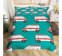 Homemissing Ambulance Bedding Duvet Cover Single Kids Car Bedding Set Boys Girls Decor Cartoon Car Comforter Cover Set Microfiber Emergency Responder Vehicles Green Bedspread Cover 2Pcs