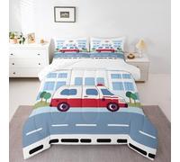 Homemissing Ambulance Bedding Set Soft for Boys Girls, Cartoon Car Duvet Set Double Size Rescue Cars Down Duvet For Kids Boys Teens Bedroom Decor 3 Pcs with 2 Pillow Cases