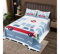 Homemissing Ambulance Bedspread 3 Pieces Double Size Cartoon Car Coverlet Set Soft Rescue Cars Bedspread Coverlet for All Season With 2 Pillowcases For Kids Boys Teens