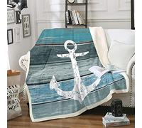 Homemissing Anchor Sherpa Blanket Nautical Fleece Throw Blanket Timeworn Weathered Wooden Planks Rustic Plush Blanket Soft Fuzzy Blanket Teal,Blue Single 50x60 Inch