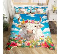 Homemissing Anime Highland Cow Duvet Cover Set Single Size For Kids Boys Girls White Highland Cattle Bedding Set Daisy Floral Print Duvet Cover with 1 Pillowcase Farmhouse Animal Bedding