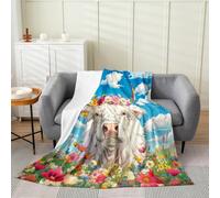 Homemissing Anime Highland Cow Flannel Fleece Throw Blanket Queen 90x90Inch For Kids Boys Girls White Highland Cattle Plush Sherpa Blanket Daisy Floral Print Bedroom Decor Farmhouse Animal