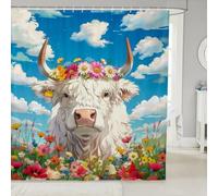 Homemissing Anime Highland Cow Shower Curtain 150x180cm for Bathroom Decor White Highland Cattle Bath Curtain Daisy Floral Print Bathroom Accessories Farmhouse Animal Waterproof Fabric