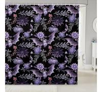 Homemissing Bat Floral Waterproof Polyester Fabric 180x210cm Horror Theme Shower Curtain for Bathroom Decor for Kids Boys Girls Decor Happy Halloween Bath Curtain Soft Witchcraft