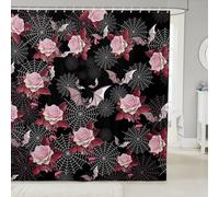 Homemissing Bat Flower Pink Shower Curtain for Bathroom Decor 180x200cm Kids Happy Halloween Bath Curtain for Boys Girls Teens Cobweb Waterproof Polyester Fabric Soft Horror Theme