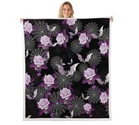 Homemissing Bat Flower Purple Fleece Throw Blanket 40x50Inch Kids Happy Halloween Sherpa Blanket Plush Fuzzy for Boys Girls Teens Cobweb Warm Cozy Soft Microfiber Horror Theme Room Decor