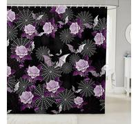 Homemissing Bat Flower Purple Shower Curtain for Bathroom Decor 150x180cm Kids Happy Halloween Bath Curtain for Boys Girls Teens Cobweb Waterproof Polyester Fabric Soft Horror Theme