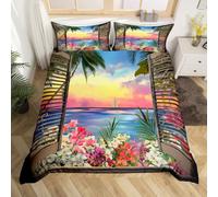 Homemissing Beach Theme Duvet Cover Single Size Kids Ocean Wave Sea Flower Floral Bedding Set for Boys Girls Teens Nautical Sailboat Printed Duvet Cover Room Decor