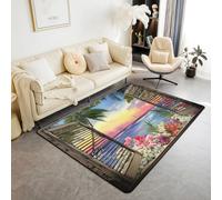 Homemissing Beach Theme Living Room Rugs for Bedroom Area Rug 150 * 200cm Kids Ocean Wave Sea Flower Floral Decor Carpet for Boys Girls Teens Nautical Sailboat Printed Indoor Floor Mat Room Decor