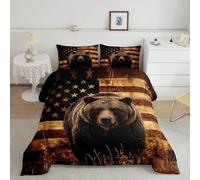 Homemissing Bear All Season Wild Animal Bedding Set with 2 Pillow Cases Rustic Cabin Country Microfiber Kids King Size Bedclothes American Flag Bedroom Decor Nature WildLife Bear Duvet Quilt