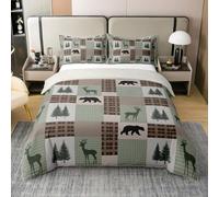 Homemissing Bear Bedding Set King Size Kids Cute Deer Comforter Cover for Boys Girls Teens Buffalo Check Duvet Cover 100% Cotton Breathable Soft Lightweight Rustic Cabin Country Room Decor