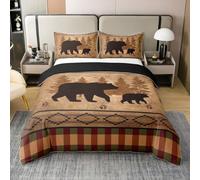 Homemissing Bear Bedding Set Single Kids Rustic Bear Comforter Cover for Boys Girls Farmhouse Duvet Cover 100% Cotton Breathable Soft Wild Animal Buffalo Check Black Orange Room Decor,no Comforter