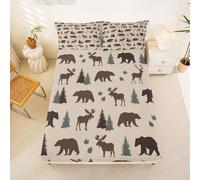 Homemissing Bear Deer Fitted Sheet with 1 Pillowcase Single Size Rustic Cabin Country 16" Deep Pocket Fitted Sheet Camper Bedding Teens Bedroom Decor