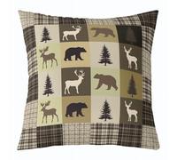 Homemissing Bear Deer Throw Pillow Covers 1 Pcs Cabin Lodge Decorative Pillowcase Olive Rustic Buffalo Check Cushion Covers for Sofa Bed Farmhouse Moose Cushion Case Checkered Plaid Decor 40x40cm