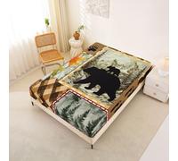 Homemissing Bear Fitted Sheet 90x200cm Rustic Cabin Country Bed Sheets Set 30cm Deep Pocket Soft Breathable Nature WildLife Bear Bedding Farmhouse Maple Leaves Buffalo Check