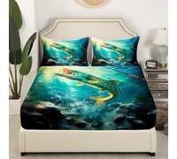 Homemissing Big Pike Fish Deep Pocket Fitted Sheet Fishing and Hunting Bedding Set Single Size for Kids Boys Girls Fisherman Fish Man Bed Sheets Fishing Sheets Set,No Flat Sheet