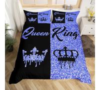 Homemissing Black and Dark Blue Crown Queen and King Duvet Cover Double Size for Adults Couple Men Women,Valentine'S Day Wedding Gifts,His and Hers Quilt Cover 2 Pillowcases Bedroom Decor(No Glitter)