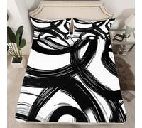Homemissing Black and White Line Abstract Fitted Sheet with 2 Pillowcases Double Size Modern Striped Graffiti Art Bed Sheets Set 16" Deep Pocket Boys Girls Geometric Geometry Bedding BedDecor Soft