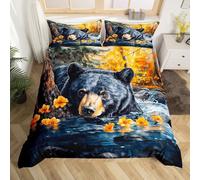 Homemissing Black Bear Duvet Cover Super King Size Rustic Cabin Country Bedding Set for Boys Girls Wild Animal Duvet Cover Floral Lake Bedroom Decor 3Pcs