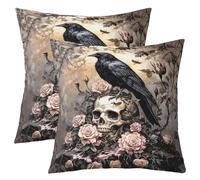Homemissing Black Crow Raven Throw Pillow Covers 45x45cm Set of 2 Soft Kids Pink Rose Skull Cushion Cases for Boys Girls Halloween Gothic Roses Skeleton Decor Pillowcases Polyester