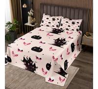 Homemissing Black Pink Castle Bedspread Double Size Halloween Decor Coverlet Set Skull Bat Quilted Coverlet for All Season With 2 Pillowcases Happy Halloween Microfiber Lightweight