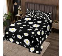 Homemissing Black White Daisy Bedspread King Size Botanical Floral Printed Coverlet Set Blossom Flowers Pattern Quilted Coverlet for All Season With 2 Pillowcases Natural Theme Microfiber Lightweight