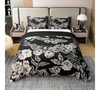 Homemissing Black White Death Moth Duvet Cover 100% Cotton Kids Goth Skull Gothic Bedding Set Super King Size Halloween Floral Botanical Comforter Cover Room Decor Soft With 2 Pillow Case 3Pcs
