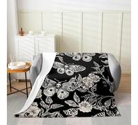 Homemissing Black White Death Moth Fleece Throw Blanket Kids Goth Skull Gothic Flannel Blanket Plush Fuzzy Double 60x79Inch Halloween Floral Botanical for Bed Living Room for Women Men Room Decor