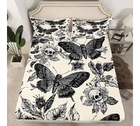 Homemissing Black Yellow Death Moth Bed Sheets Set 16" Deep Pocket Kids Goth Skull Gothic Fitted Sheet Double Halloween Rose Floral Sun Moon Bedding for Women Men Room Decor With 2 Pillow Case 3Pcs