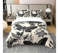Homemissing Black Yellow Death Moth Duvet Cover 100% Cotton Kids Goth Skull Gothic Bedding Set Single Size Halloween Rose Floral Sun Moon Comforter Cover Soft With 1 Pillow Case 2Pcs
