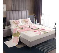 Homemissing Blossom Flowers Pattern Bed Sheet Set Double Size For Kids Girls Women Pink Bowknot Bedding Set Floral Flower Bow Comforter Cover with 2 Pillowcases Dreamy Princess Style Sheet Set