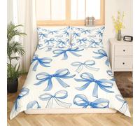 Homemissing Blue Bow Bedding Set Blue White Bowknot Duvet Cover for Kids Boys Girls Cute Bowknot Princess Comforter Cover Ribbon Bow Bedspread Cover Bedroom Collection 3Pcs Double Size,No Comforter