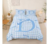 Homemissing Blue Bow Checkered Duvet Cover Super King Size Initial Letter D Bedding Set for Boys Girls Princess Grid Bowknot Comforter Cover Bedroom Decor 3Pcs