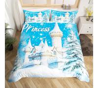 Homemissing Blue Castle Duvet Cover Junior/Cot Bed Size Princess Castle Comforter Cover for Boys Girls Winter Bedding Set 2Pcs Frozen Snowflake Room Decor