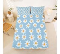 Homemissing Blue Daisy Fitted Sheet Single Size for Kids Boys Girls Cute Floral Bed Sheets Set 16" Deep Pocket Microfiber Blossom Flowers Pattern Bedding with 1 Pillowcase Room Decor(No Flat Sheet)