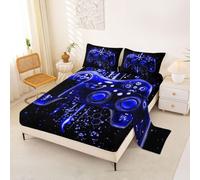 Homemissing Blue Game Consoles Boys Bed Sheets Sets King Size Kids Boys Girls Honeycomb Gaming Bedding Set Cool Gamer Bed Sheet Set with 16-Inch Deep Pockets 4Pcs with 2 Pillow Cases