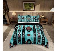 Homemissing Blue Green Southwest Bedding Set Double Size Geometric Tribal Exotic Style Duvet Cover Set Native American Indian Design Duvet Cover with 2 Pillowcases Stripes Line Bedclothes