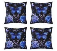 Homemissing Blue Moth Cushion Covers Purple Flower Pillow Covers for Home Sofa Bed Couch for Kids Boys Girls Moon Star Boho Throw Pillow Covers Flower Pillowcases, 45x45cm Set of 4