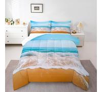 Homemissing Blue Ocean Bedding Set King Size Beach Coastal Duvet Set for Kids Boys Girls Decor Hawaiian Beach Sea Ocean Wave Nature Scenery Duvet Quilt Breathable Soft Lightweight Bedroom Decor 3Pcs