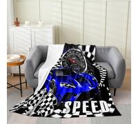 Homemissing Blue Racing Car Kids Fleece Throw Blanket,Boys Girls Queen 90x90Inch,Black White Flag Flannel Blanket Plush Fuzzy,Extreme Sports Soft for Bed Couch Chair,Fast and Furious Cool Modern