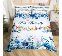 Homemissing Blue Rose Butterfly Duvet Cover Set Cot Size for Kids Boys Girls Girl Butterfly Floral Bedding Set Botanical Floral Printed Duvet Cover with 1 Pillowcase